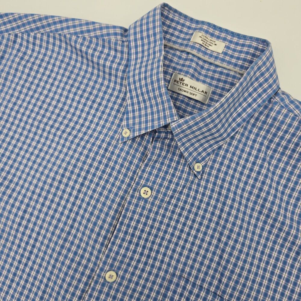 Peter Millar Crown Soft Short Sleeve Shirt Men's XL Blue Plaid Cotton Silk Blend